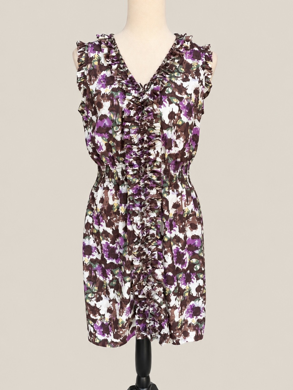 THML Floral Ruffle Front Mini Dress Purple Dark Brown Medium